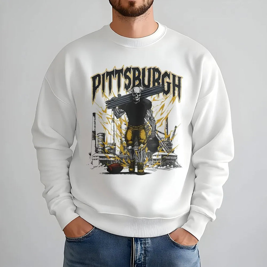 Pittsburgh Football Sweatshirt | Industrial Skeleton Graphic | Premium Cotton Blend | Gift for Steel City Sports Fans