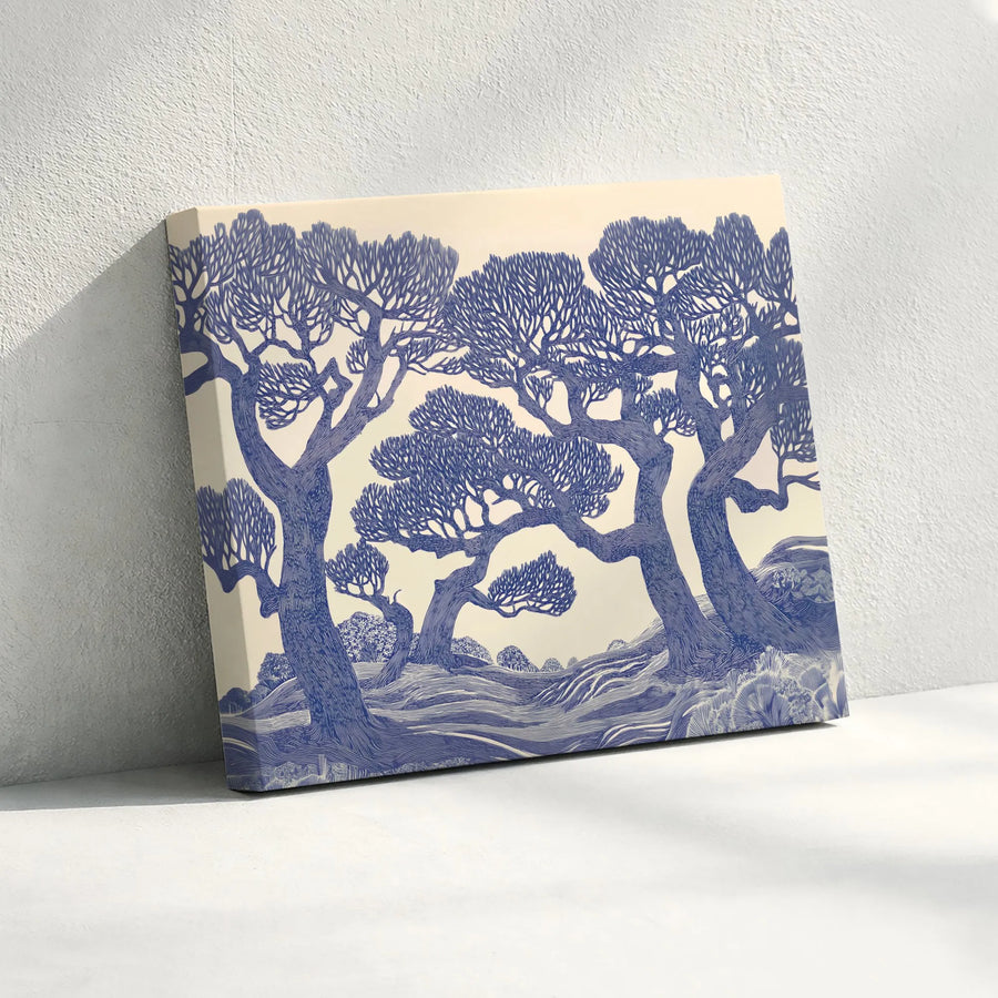 Blue Tree Landscape Wall Art | Linocut Style Nature Print | Premium Gallery Wrapped Canvas | Minimalist Home Decor Gift for Nature Lovers