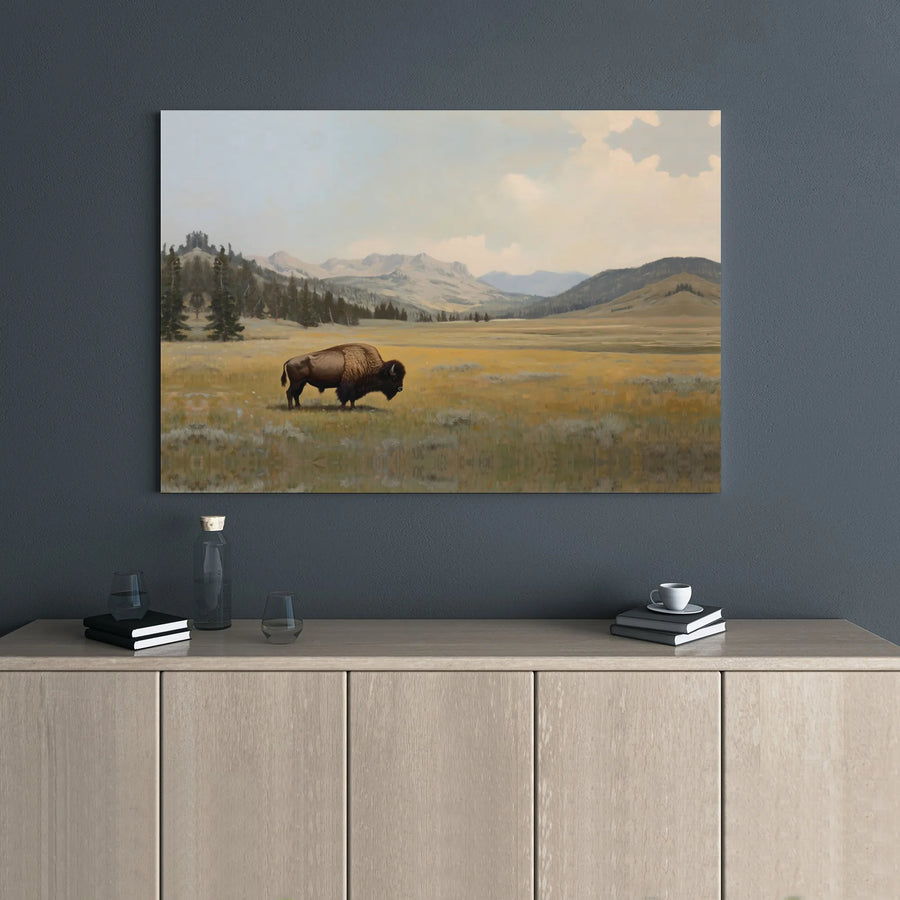 American Bison Canvas Art | Western Mountain Prairie Landscape Print | Premium Gallery Wrap 1.25 inch | Rustic Nature Home Decor Gift
