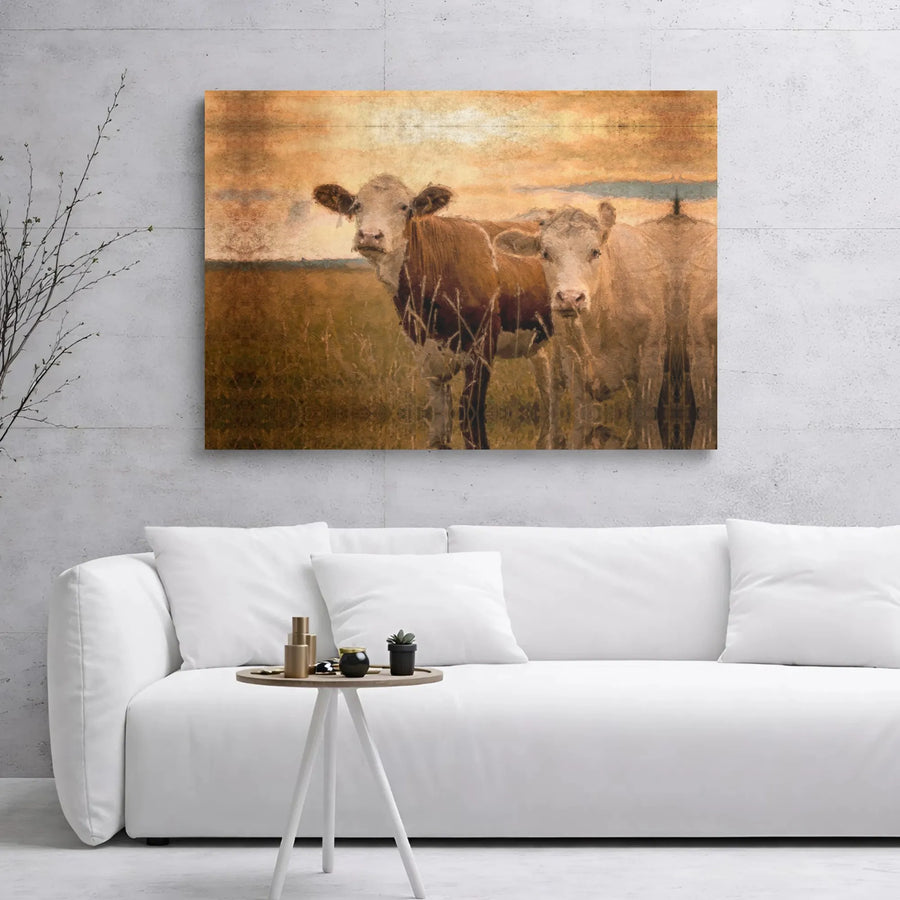 Rustic Farmhouse Cow Canvas Wall Art | Two Cows in Field Painting Print | Premium Gallery Wrap Wooden Frame | Farm Decor Gift for Country Home