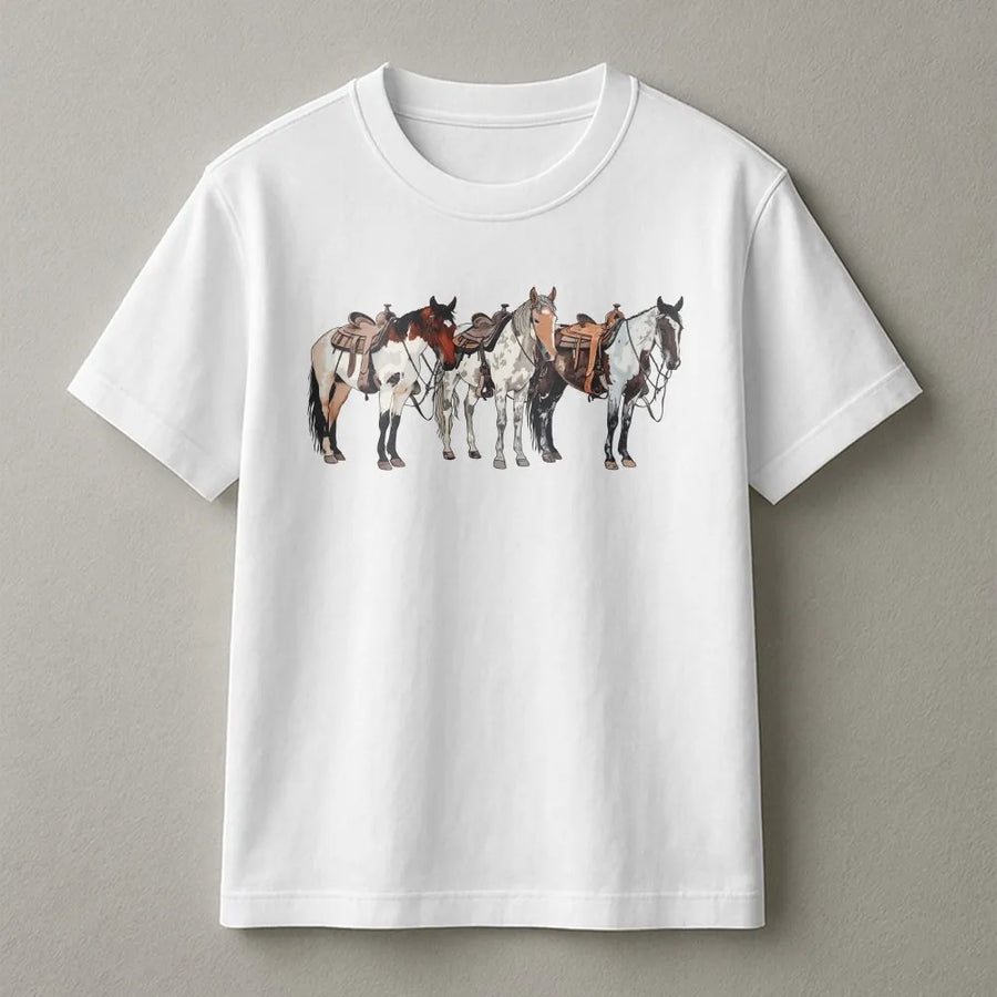 Western Horse T-Shirt | Realistic Saddled Horse Graphic | Premium Cotton Blend | Gift for Cowgirl, Rancher & Rodeo Lover