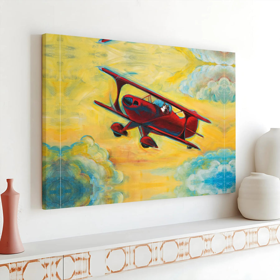 Cat Pilot Wall Art | Whimsical Biplane Painting | Premium Stretched Canvas Print | Aviation Lover Gift for Office Decor