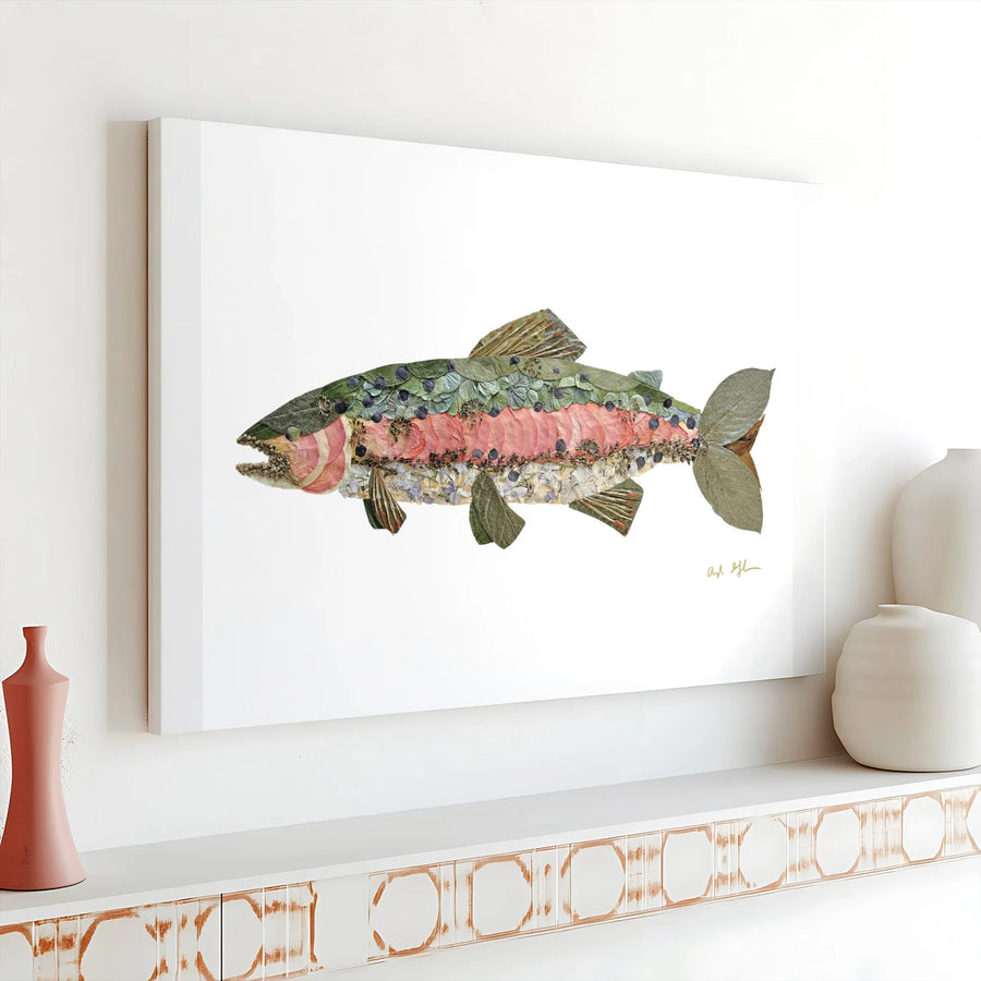 Rainbow Trout Canvas Wall Art | Pressed Flower Botanical Collage | Premium Gallery Quality Print | Unique Gift for Angler and Fisherman