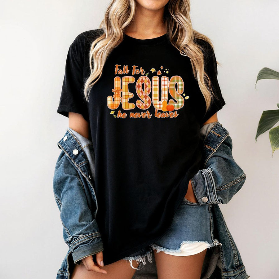 Fall For Jesus He Never Leaves T-Shirt | Plaid Pumpkin Christian Faith Design | 100% Cotton Premium Tee | Faith-Based Fall Gift for Women & Men
