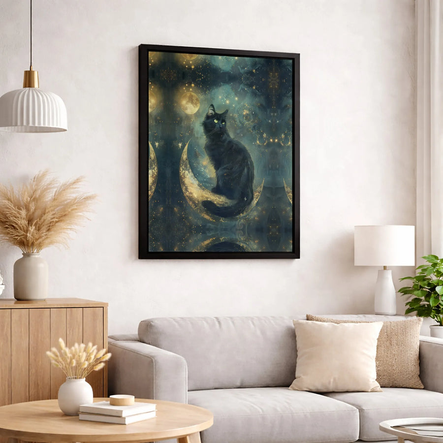 Black Cat Wall Art | Crescent Moon Celestial Night Sky Print | Premium Gallery-Wrapped Canvas | Witchy Home Decor & Cat Lover Gift