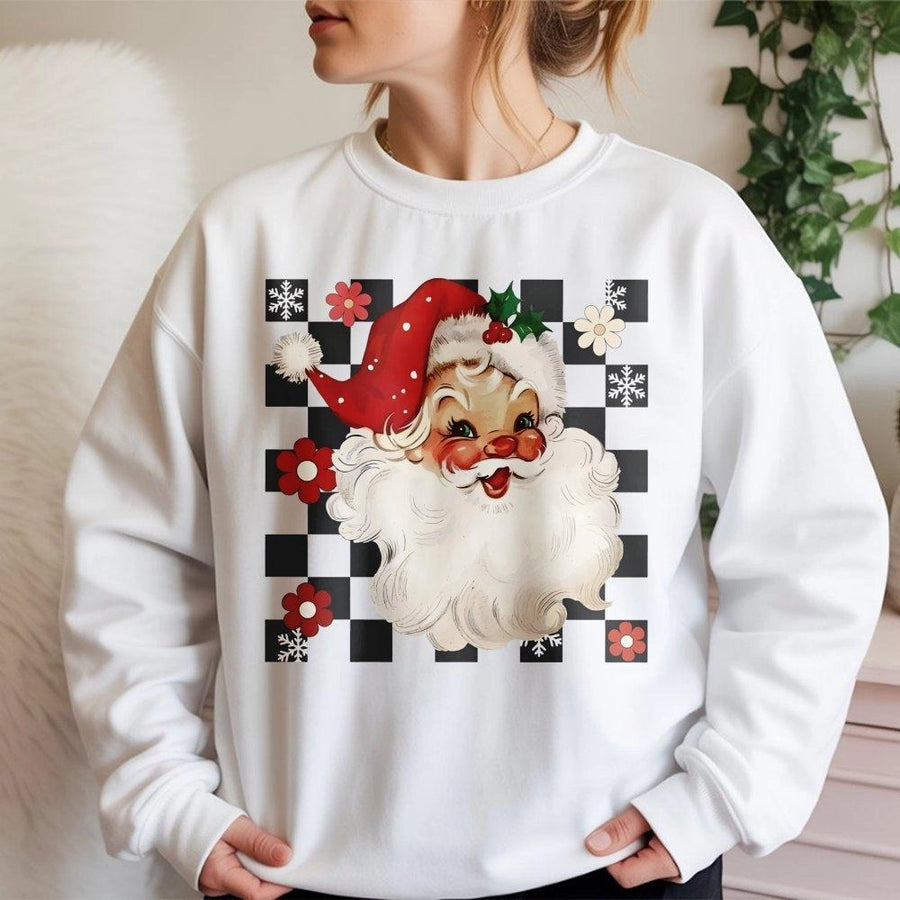 Retro Santa Sweatshirt | Checkered Christmas Holiday Graphic | Cotton Blend Premium Crewneck | Festive Vintage Gift for Women & Men