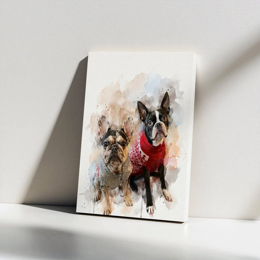 French Bulldog and Boston Terrier Canvas | Watercolor Pet Portrait Wall Art | Gallery Wrapped Premium Print | Unique Dog Lover Home Decor Gift