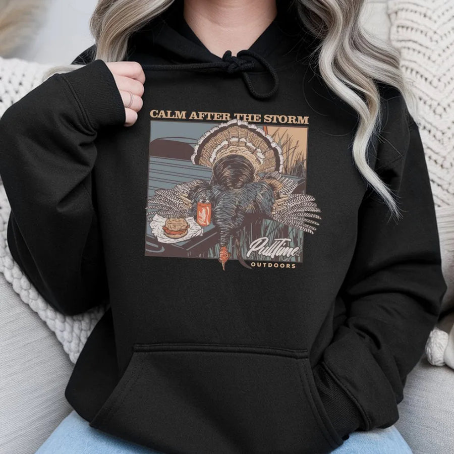 Turkey Hunting Hoodie | Calm After The Storm Graphic | Cotton-Blend Premium Apparel | Gift for Outdoorsmen and Hunters