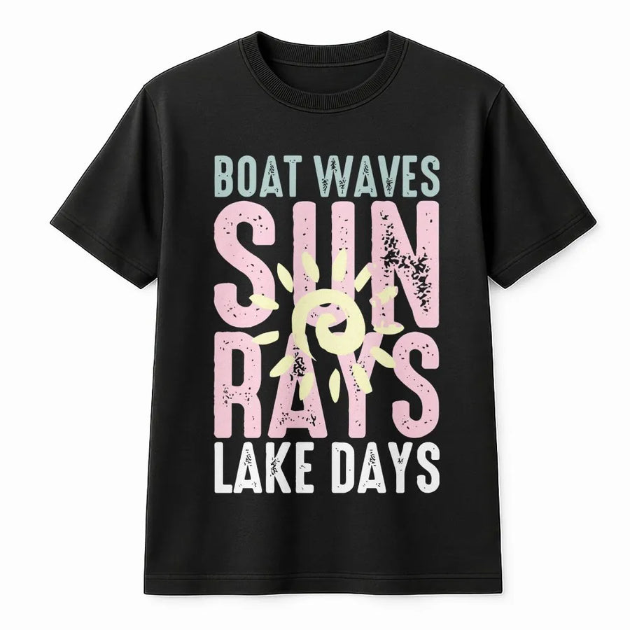 Boat Waves Sun Rays Lake Days T-Shirt | Retro Summer Graphic Pullover | Soft Cotton Blend Sweatshirt | Premium Gift for Boating & Lake Lovers