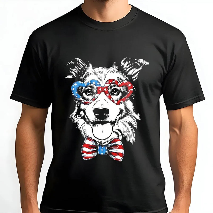 Patriotic Dog T-Shirt | Border Collie with USA Flag Glasses | Soft Cotton Blend Pullover | Unisex 4th of July Gift for Dog Lover