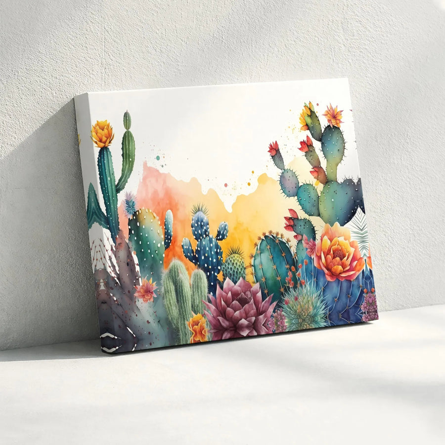 Watercolor Cactus Canvas Wall Art | Desert Succulent Garden Print | Gallery Quality Framed Canvas | Boho Home Decor Gift for Plant Lovers
