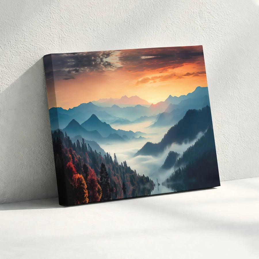 Misty Mountain Landscape Canvas Print | Autumn Forest Sunrise Wall Art | Premium 1.25-Inch Gallery Wrap | Modern Nature Decor for Living Room