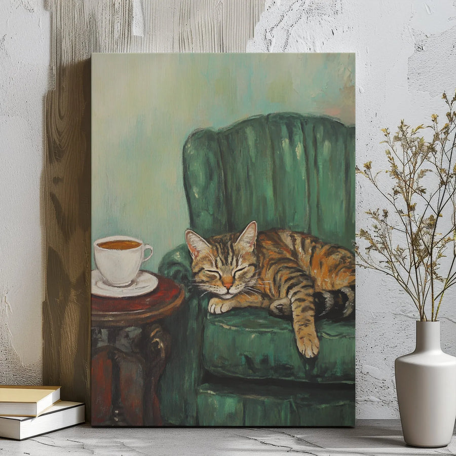 Sleeping Tabby Cat Wall Art | Cozy Green Armchair Oil Painting Style | Premium Gallery Wrap Canvas | Whimsical Home Decor Gift for Cat Lovers