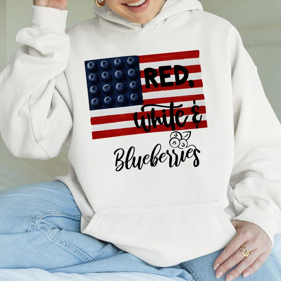 Red White and Blueberries Hoodie | Patriotic American Flag Graphic | Premium Cotton Blend | 4th of July Gift for Men and Women