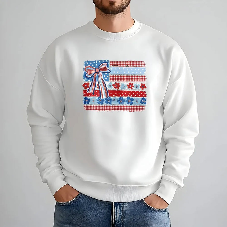 Coquette American Flag Sweatshirt | Patriotic Bow & Ditsy Floral USA Flag | Soft Cotton Blend Sweatshirt | 4th of July Gift for Her