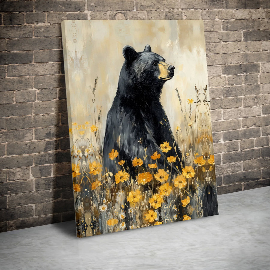 Black Bear Canvas Print | Rustic Wildflower Meadow Painting | Premium Gallery Wrap Wall Art | Cabin Decor Gift for Nature Lovers
