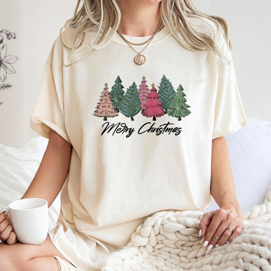 Merry Christmas T-Shirt | Pink and Green Hand-Drawn Tree Design | Premium Soft Cotton | Festive Holiday Gift for Women and Family