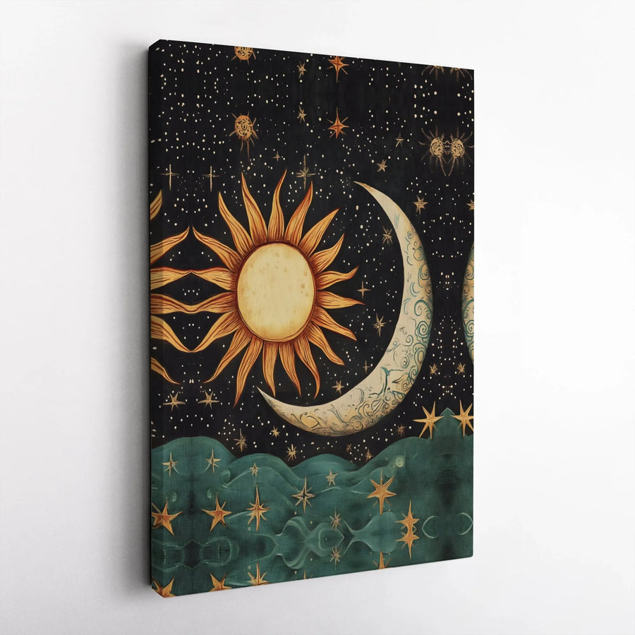 Celestial Sun and Moon Canvas Art | Boho Galaxy Wall Decor | Gallery Wrapped Premium Print | Mystical Cosmic Gift for Home Office