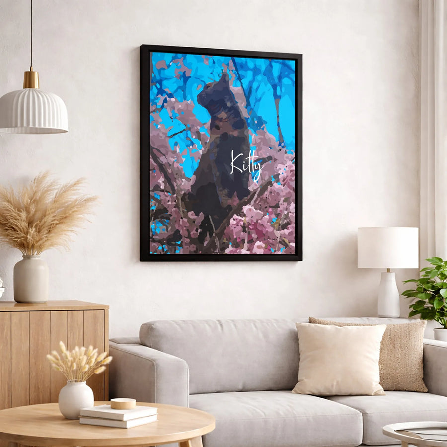 Black Cat Wall Art | Cherry Blossom Tree Canvas Print | Premium Gallery Wrapped Decor | Gift for Cat Lovers & Nature Enthusiasts