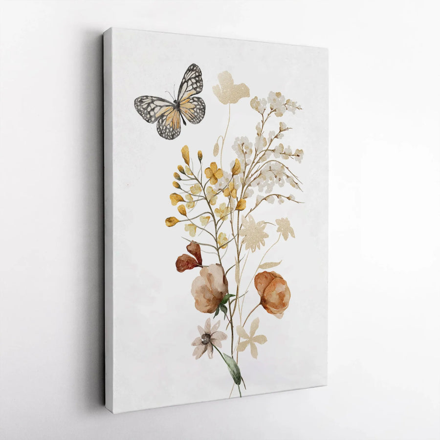 Watercolor Butterfly Wall Art | Bohemian Wildflower Floral Bouquet | Premium Gallery Wrapped Canvas | Minimalist Nature Home Decor Gift