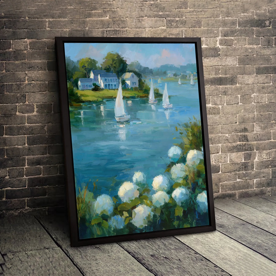 Coastal Sailboat Canvas Wall Art | Impressionist Hydrangea Seascape Painting | Premium Gallery Wrap Print | Serene Nautical Home Decor Gift