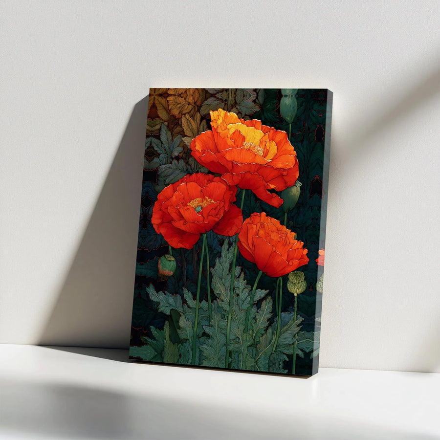 Red Poppy Canvas Wall Art | Vintage Botanical Illustration | Thick Gallery Wrapped Canvas | Premium Living Room Home Decor Gift