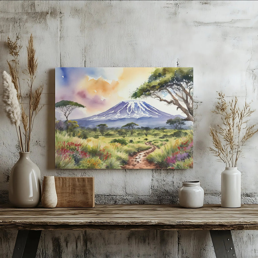 Mount Kilimanjaro Canvas Wall Art | Watercolor African Savanna Landscape | Gallery Quality Print | Nature Lover Travel Gift