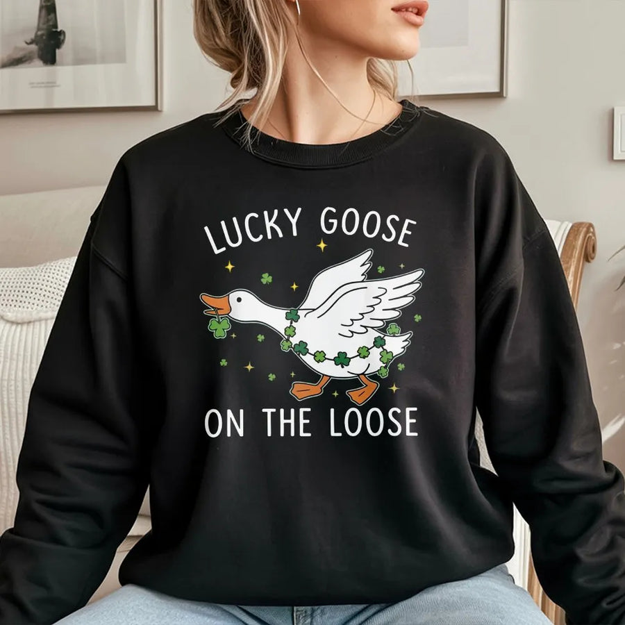 Lucky Goose St. Patrick's Day Sweatshirt | Funny Irish Shamrock Bird Design | Premium Cotton Blend | Gift for Goose Lovers & Holiday Party