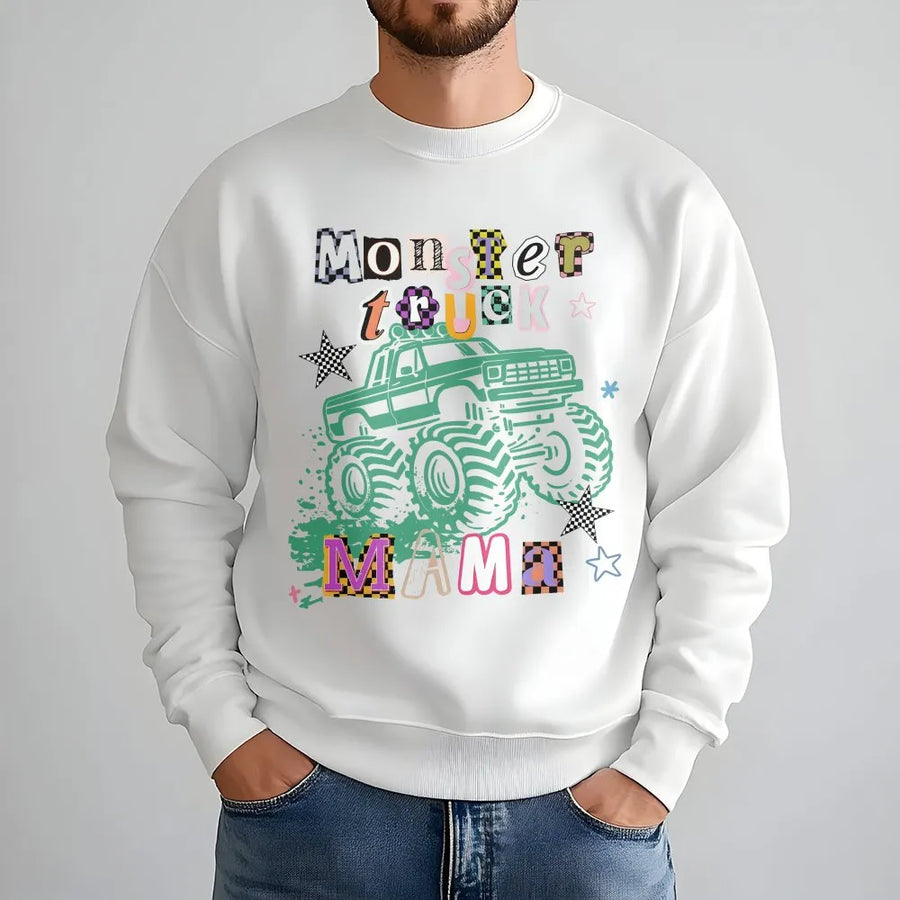 Monster Truck Mama Sweatshirt | Retro Checkered Graphic Pullover | Soft Cotton Blend | Trendy Gift for Mom