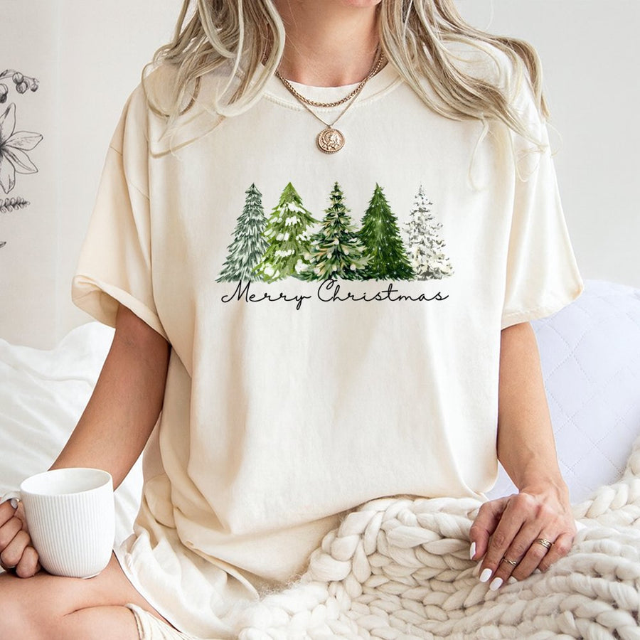 Merry Christmas Tree T-Shirt | Watercolor Pine Forest Graphic | Premium 100% Cotton Tee | Festive Holiday Gift for Men and Women