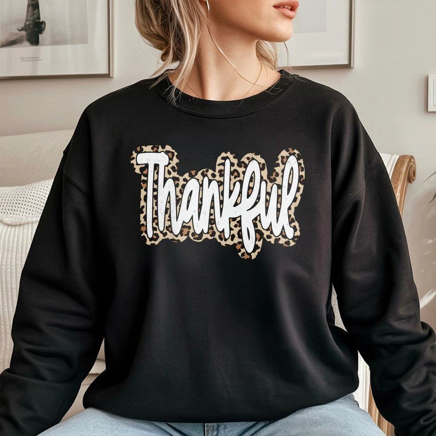 Thankful Sweatshirt | Leopard Print Thanksgiving Graphic | Premium Cotton Blend | Fall Season Gift for Women and Men