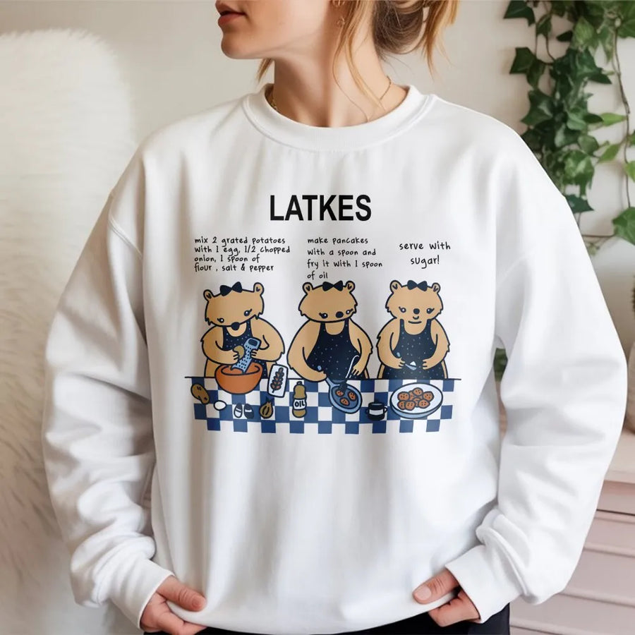Latkes Hanukkah Sweatshirt | Funny Jewish Holiday Recipe Graphic | Premium Unisex Crewneck | Cute Jewish Gift for Her or Him