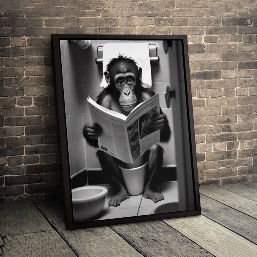 Funny Chimp Reading Newspaper Canvas | Bathroom Humor Wall Art | Premium Gallery Wrapped Print | Unique Gift for Monkey Lovers