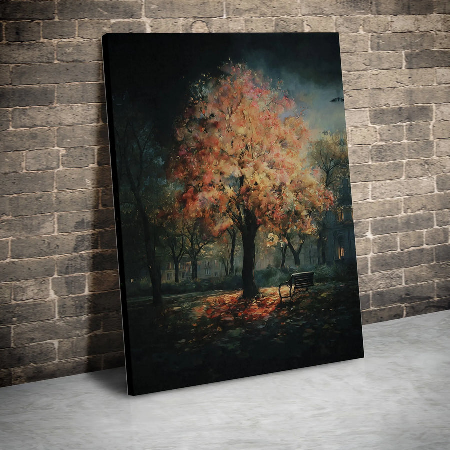 Autumn Tree Canvas Print | Impressionist Night Park Wall Art | 1.25 Inch Gallery Wrap | Cozy Fall Landscape Home Decor