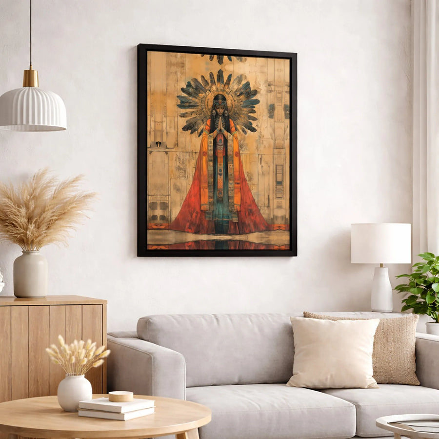 Native American Woman Wall Art | Spiritual Feather Headdress Portrait | Premium Gallery Wrapped Canvas | Boho Home Decor Gift