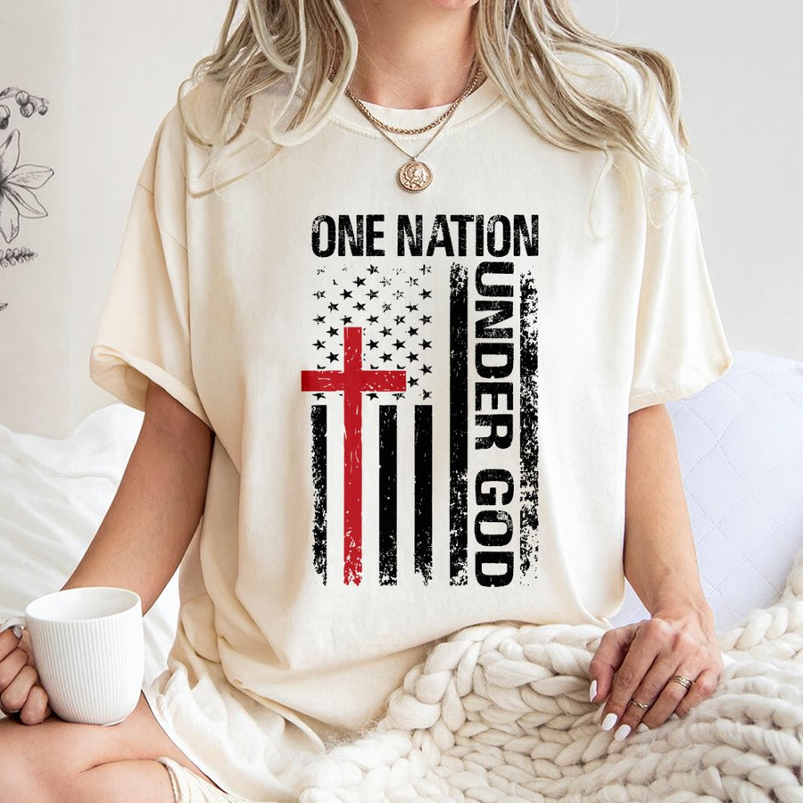 One Nation Under God T-Shirt | Distressed USA Flag With Christian Cross | 100% Cotton Premium Tee | Patriotic Religious Gift For Men And Women