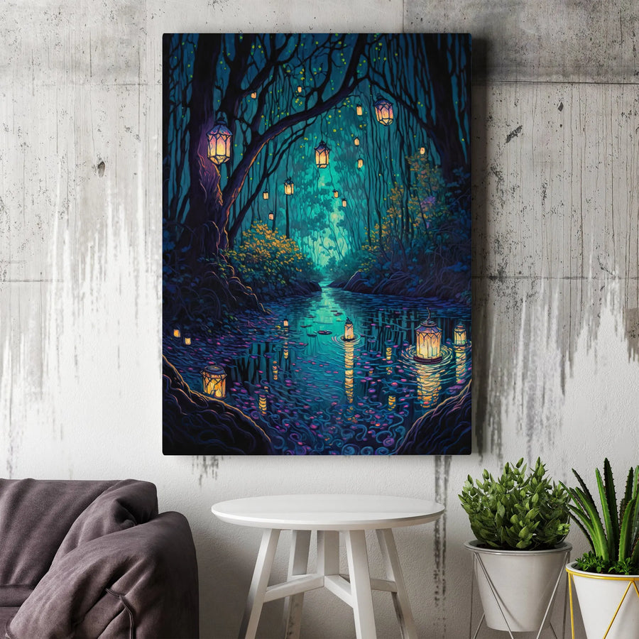 Enchanted Forest Canvas Print | Whimsical Floating Lantern River Art | Gallery Quality 1.25" Profile | Magical Nature Home Decor Gift