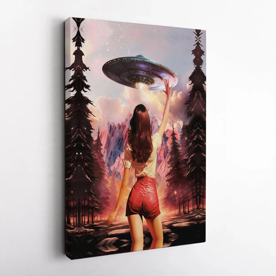 UFO Abduction Canvas Wall Art | Sci-Fi Fantasy Forest Scene | Premium Gallery Wrap Print | Unique Space Decor for Alien Enthusiasts