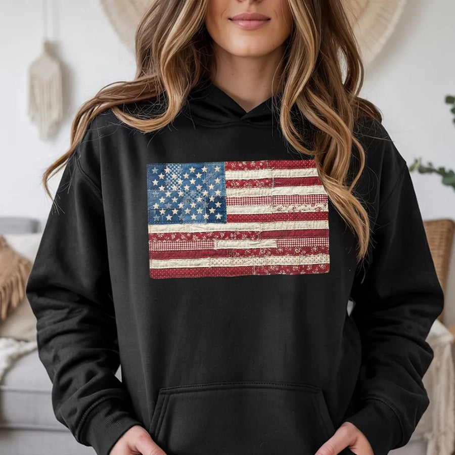 American Flag Hoodie | Vintage Patchwork Graphic Pullover | Cozy Cotton Blend | Fourth of July Patriotic Gift for Men & Women