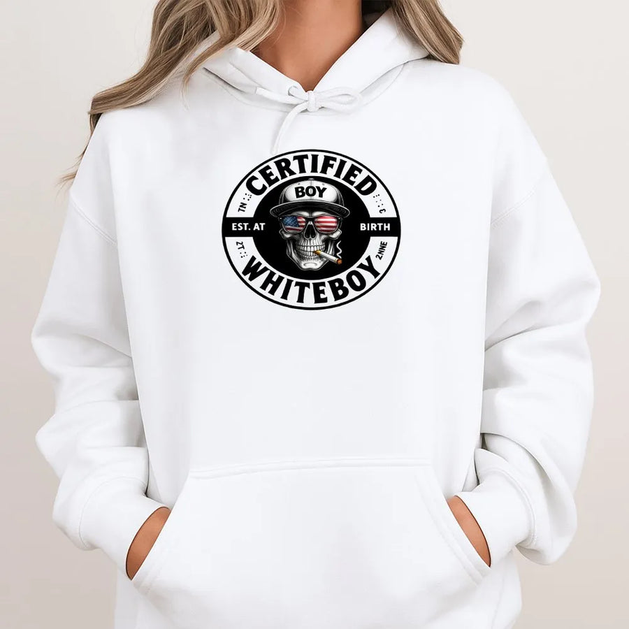Certified Whiteboy Hoodie | American Flag Skull Graphic | Soft Unisex Crewneck | Funny Patriotic Gift for Him