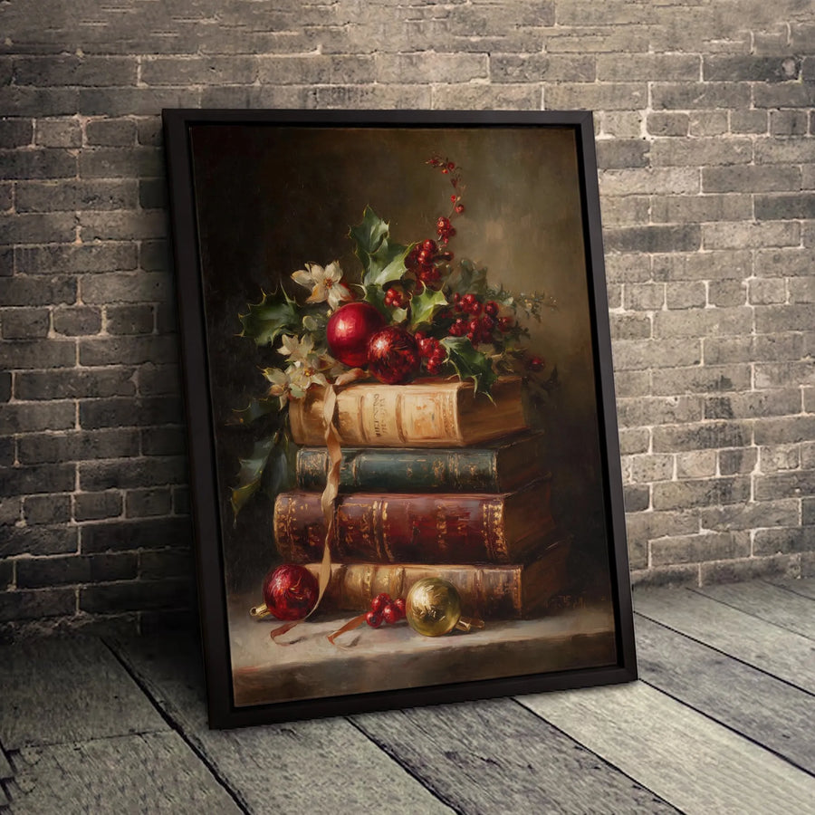 Christmas Still Life Canvas | Antique Books & Holiday Ornaments Print | Gallery-Quality 1.25" Profile | Festive Farmhouse Home Decor