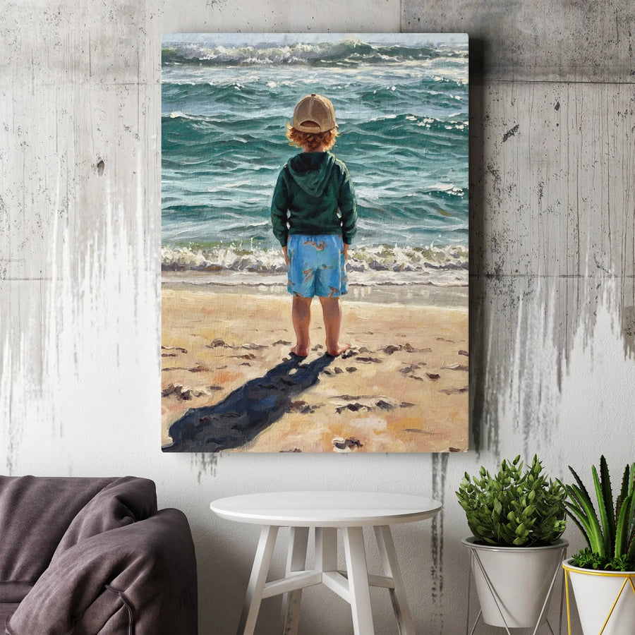 Boy by the Ocean Canvas Print | Nostalgic Painterly Seascape | Premium Gallery Wrap Canvas | Coastal Home Decor Gift