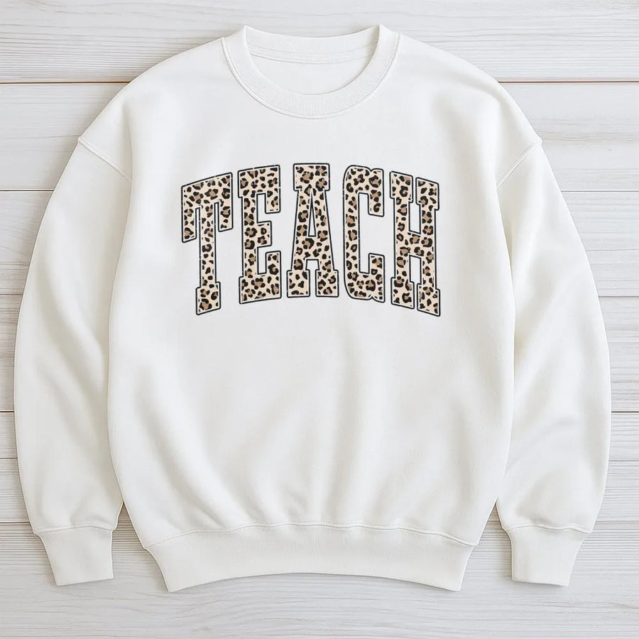 Leopard Teacher Sweatshirt | Cheetah Print Varsity 'Teach' Design | Premium Soft Cotton | Appreciation Gift for Educators