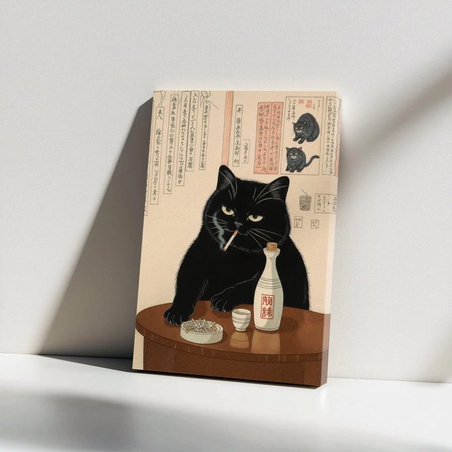 Japanese Ukiyo-E Black Cat Canvas | Funny Smoking & Sake Drinking Cat Art | Premium Gallery Wrap Wall Decor | Unique Gift for Cat Lovers