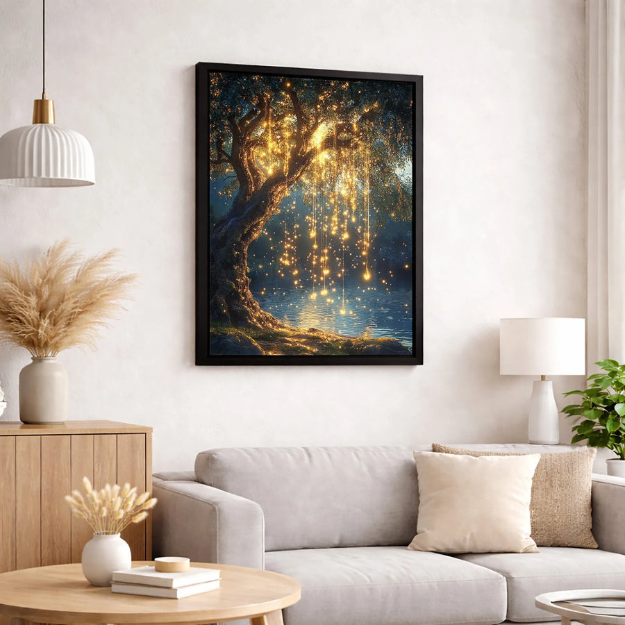 Enchanted Willow Tree Canvas Art | Glowing Fairy Lights Nature Print | Premium 1.25 Inch Gallery Wrap | Dreamy Forest Wall Decor Gift