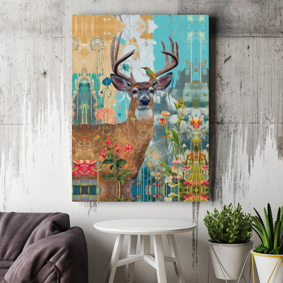 Abstract Deer Canvas Art | Majestic Stag Floral Wall Decor | Premium Gallery Wrap Print | Nature Inspired Wildlife Gift for Home Office