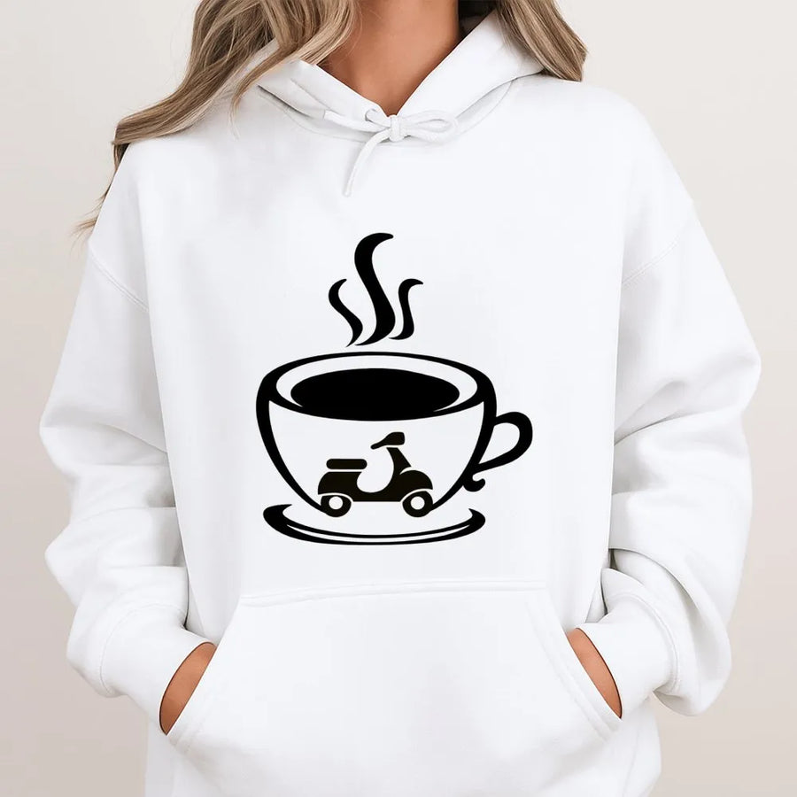 Coffee Scooter Hoodie | Minimalist Moped Caffeine Art | Soft Cotton Blend | Unique Gift for Baristas and Scooter Lovers