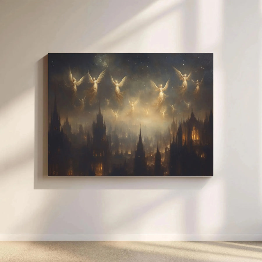Angels Over Gothic City Canvas Wall Art | Surreal Night Sky Fantasy Landscape | Premium 1.25" Gallery Wrap | Dark Aesthetic Home Decor Gift
