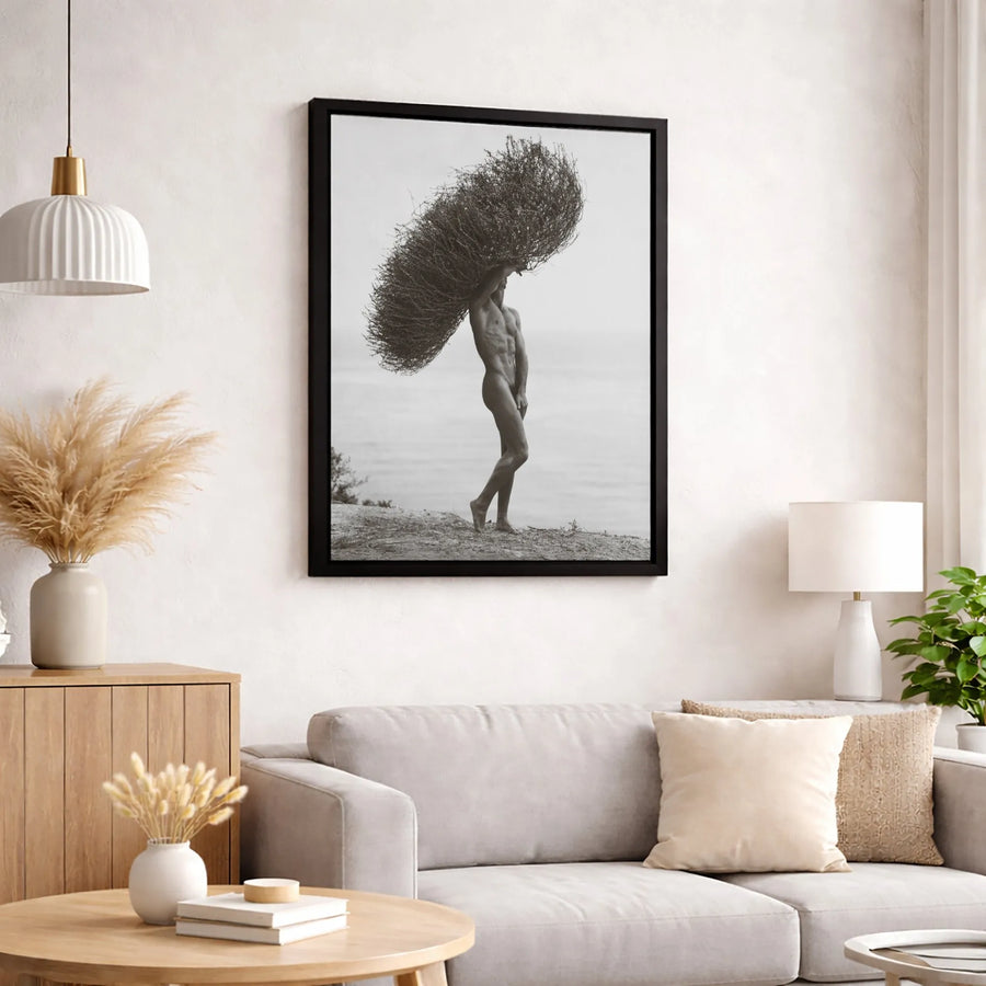 Surreal Man with Tumbleweed Canvas Print | Artistic Black and White Wall Art | Premium Gallery-Wrapped Portrait | Modern Home Decor for Living Room