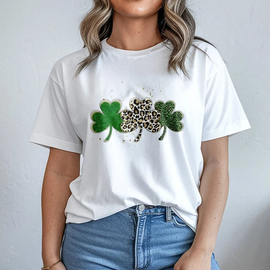 St Patrick's Day Shamrock T-Shirt | Leopard Print Clover Graphic | Soft Premium Cotton Tee | Women's Lucky Irish Gift